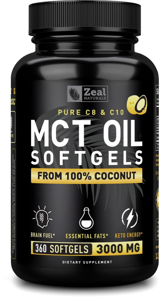 Pure MCT Oil Capsules (360 Softgels TEN 3000mg) 4 Month Supply Keto Pills w Coconut no refinado - C10 &amp; C8 Brain Fuel, Energy, Octane Ketosis