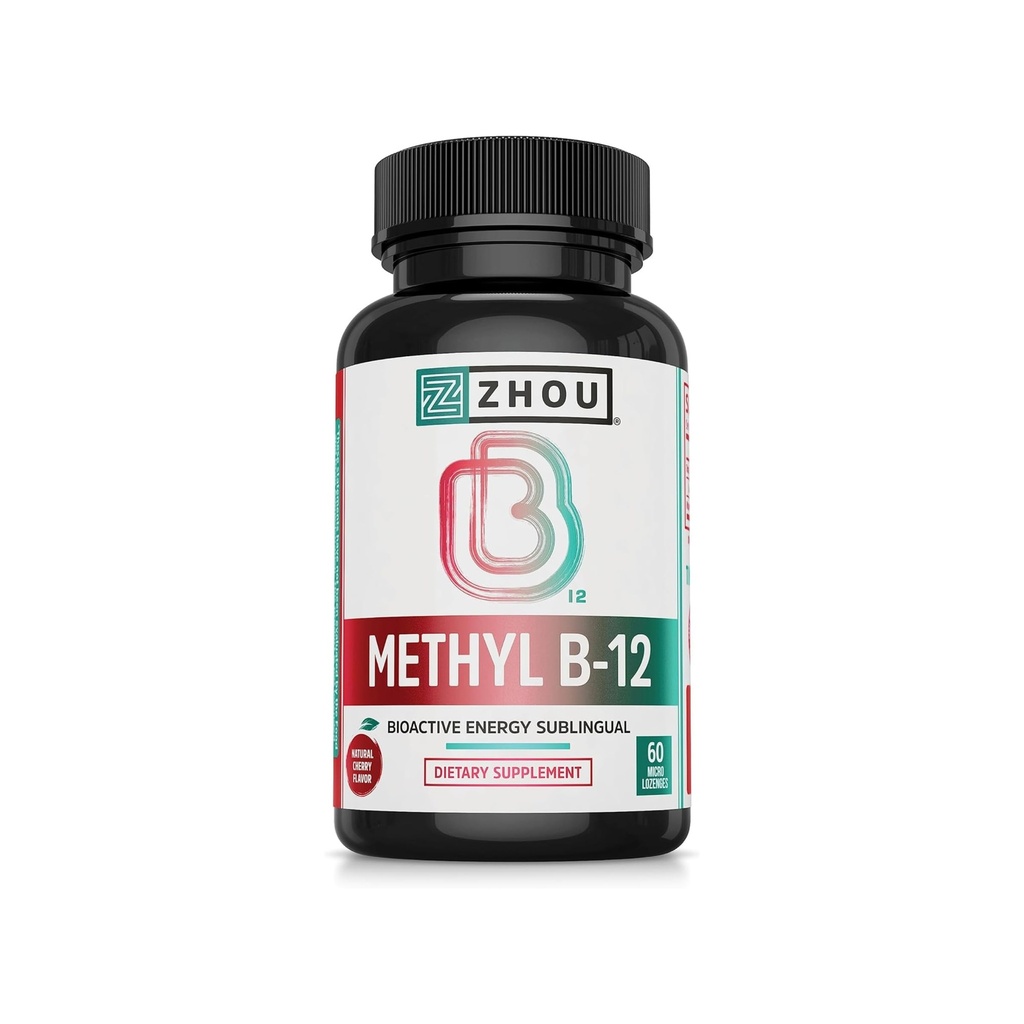 Zhou Methyl B12 - Metil B-12 Suplemento para Mujeres &amp; Hombres, Vitamina B12 5000 mcg, Vegan Friendly, Cellular Energy and Nerve Function Support, Methylcobalamin - 60 Micro Lozenges