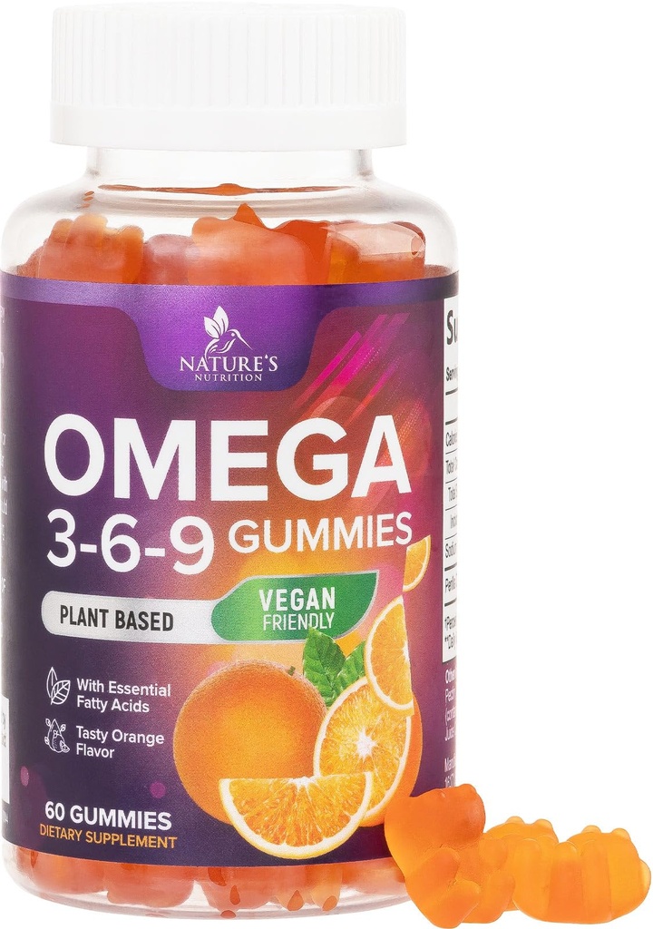 Omega 3 6 9 Gummies - Vegan Omega 3 Suplemento Gummy - ácidos grasos esenciales Aceite 369 Complejo Heart Support &amp; Brain Support for Women, Men &amp; Pregnancy, Fish Free Non-GMO, Orange Flavored - 60 Gummies