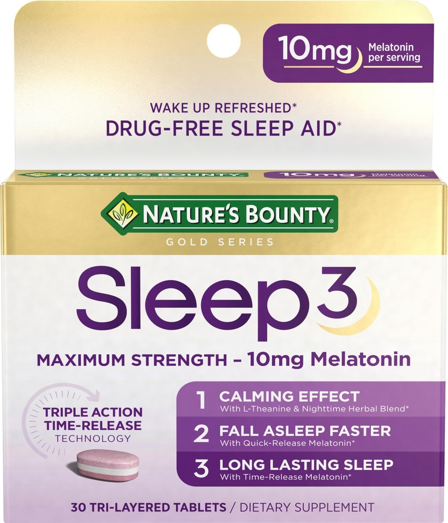 Bounty Melatonin, Sleep3 Maximum Strength 100% Drug Free Sleep Aid, L-Theanine & Nighttime Herbal Blend Time Release Technology, 10mg, 30 Tri-Layered Tablets
