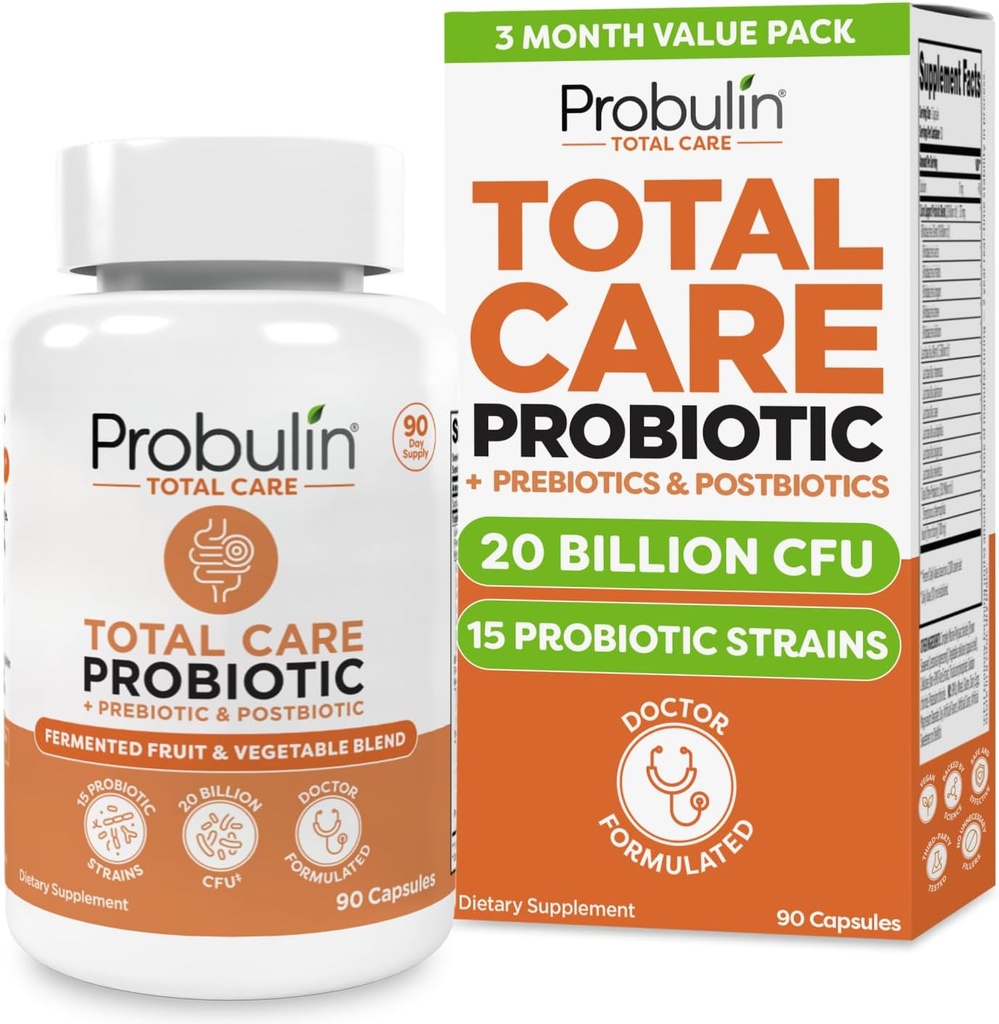 Probulina Total Care Probiotic Supplement, Daily Gut, Digestive, and Immune Health Probiotics Capsules for Men and Women, 20 Billion CFU, Vegan, 90 Count Bottle