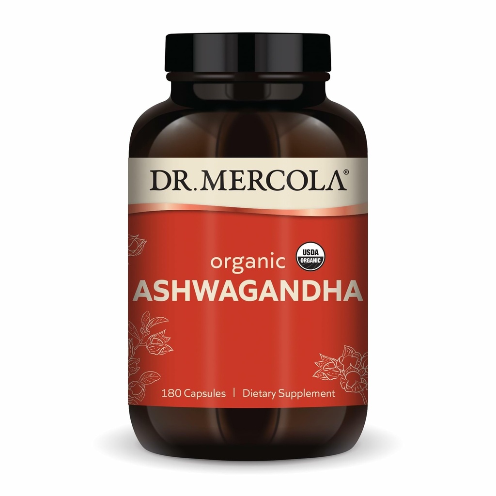 Dr. Mercola Organic Ashwagandha - Supports Energy Production & Adrenal Health - 800 mg Por Serving - Non-GMO, Gluten-Free &amp; Soy-Free - Certified USDA Organic - 180 Capsules (90 Servings)