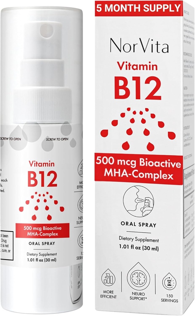 Vitamina B12 Spray 500 mcg (150 Servings) - Complejo MHA de Absorción Rápida (Metilcobalamina, Hidroxicobalamina, Adenosylcobalamina) - Vegano, No GMO, Suplemento B12 Líquido