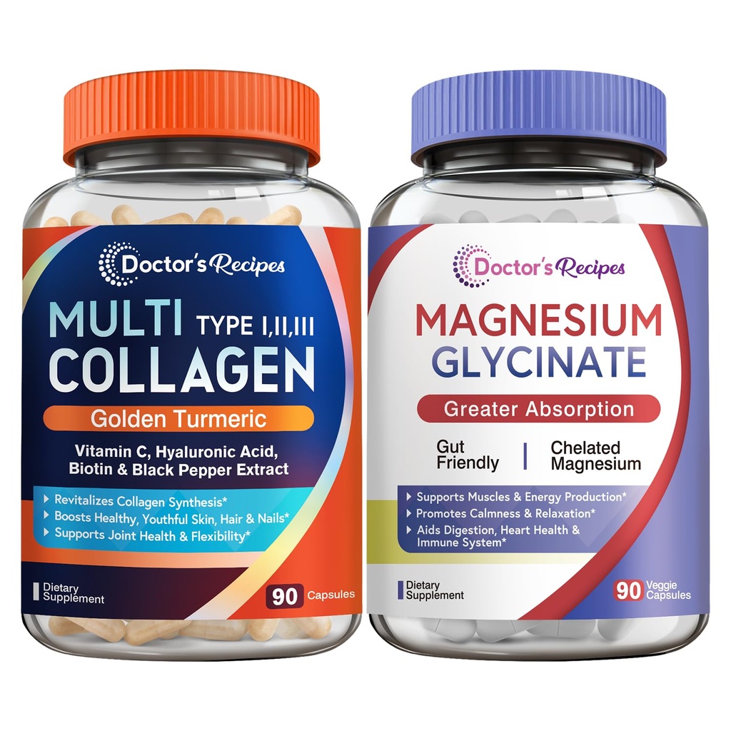 Recetas del médico Complejo multi Collagen &amp; Magnesium Glycinate Bundle, Rejuvenecimiento completo del cuerpo, Relaja &amp; Alivio, Collagen Capsules 90 ct &amp; Magnesium Capsules 90 ct