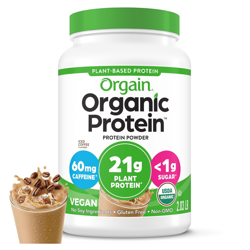 Orgain Orgain Pólvora de proteína vegana orgánica, café helado - 21g Proteína de la planta, 60 mg de cafeína, carbohidratos bajos, sin ingredientes de lactosa, sin azúcar añadido, no fuma, para sacudidas " , 2,03 lb