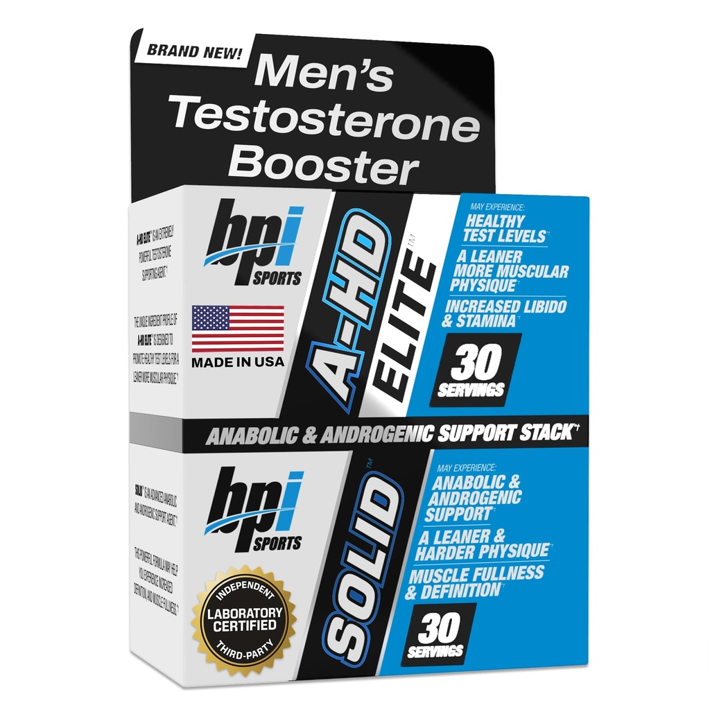 BPI Sports A-HD Elite/Solid Testosterone Booster para Hombre - Suplemento de testosterona para Muscle, Fuerza, Libido & Performance Support - Promueve la pérdida de grasa natural – 30 Serviciones – 550mg