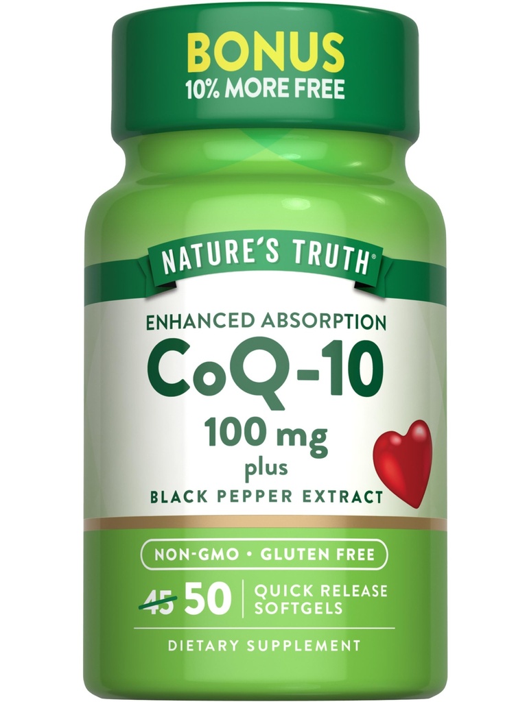 La verdad de la naturaleza CoQ10 100mg TEN 50 Softgels TEN Plus Black Pepper Extract ← Non-GMO y Gluten Free Supplement