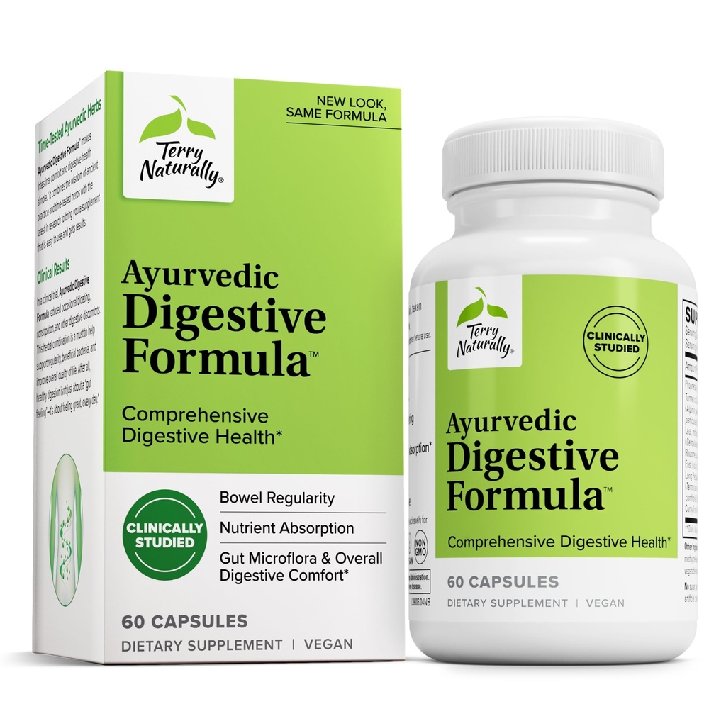 Terry Naturalmente Ayurvedic Digestive Formula - Apoyo Digestivo para la Regularidad - Soporte para Bowel Health - Nutrient Absorption Support - Soporte Gut Health & Gut Microflora - 60 cápsulas