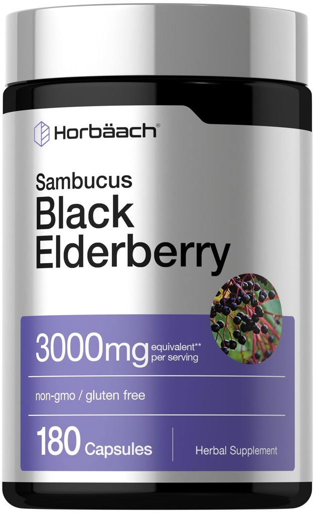 Horbäach Black Elderberry  3000mg Capsules ← 180 Count ← Non-GMO, Gluten Free ← Sambucus Extract Supplement