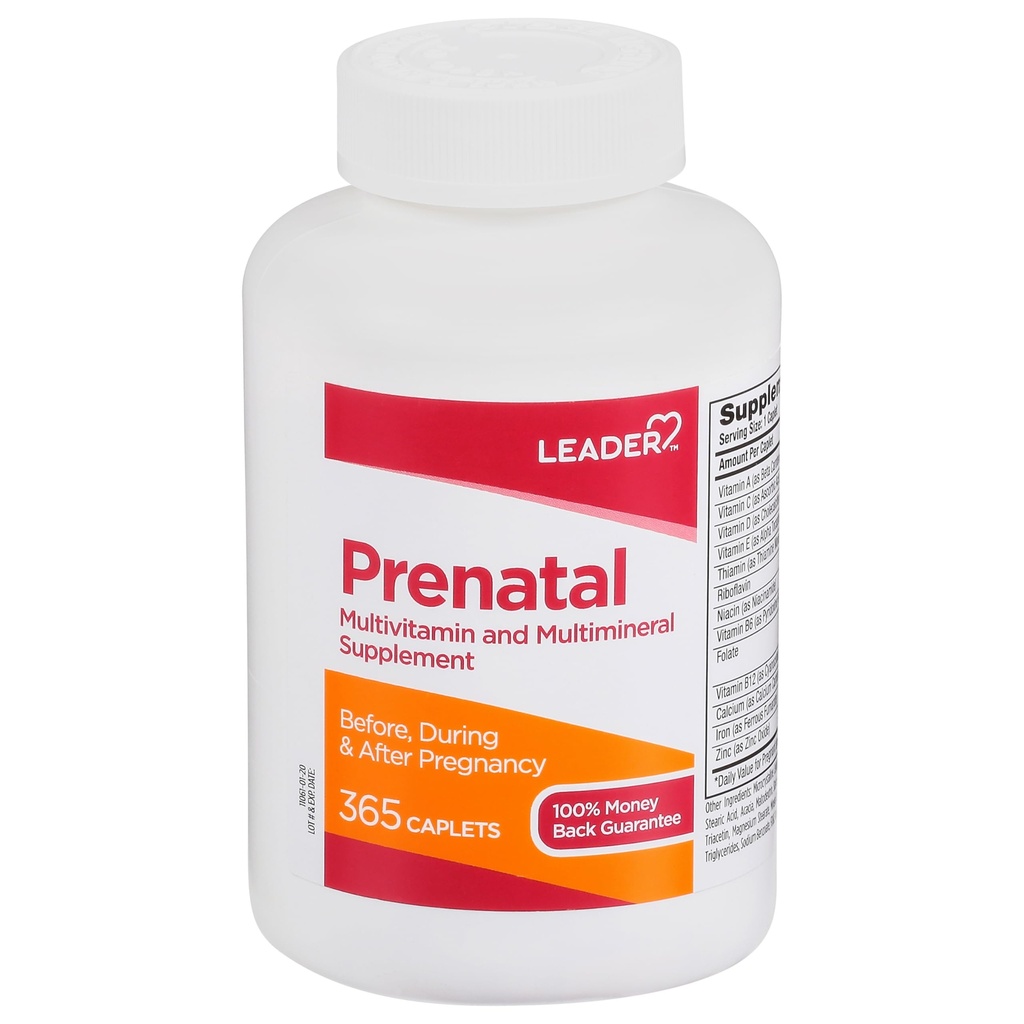LEADER Multivitamina prenatal con ácido fólico de 800 mg " Nutrientes esenciales para el embarazo saludable " Desarrollo fetal, DHA, vitamina de alta potencia para las mamás esperadas, soporte diario, 365 cápsulas