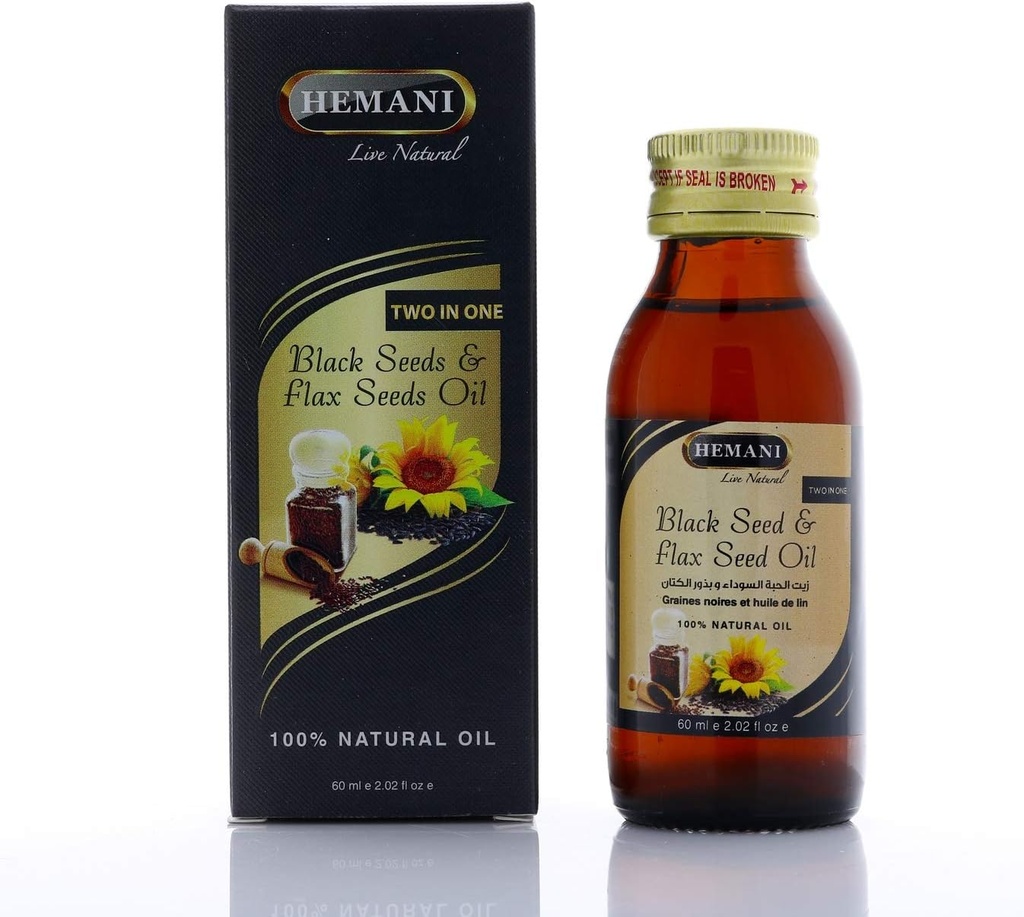 Hemani Cold-Presed Black Seed and Flax Seed Oil Blend 60ml- Gluten-Free, Non-GMO, High en Omega 3, 6, " 9, soporta la función conjunta, cerebral y corazón