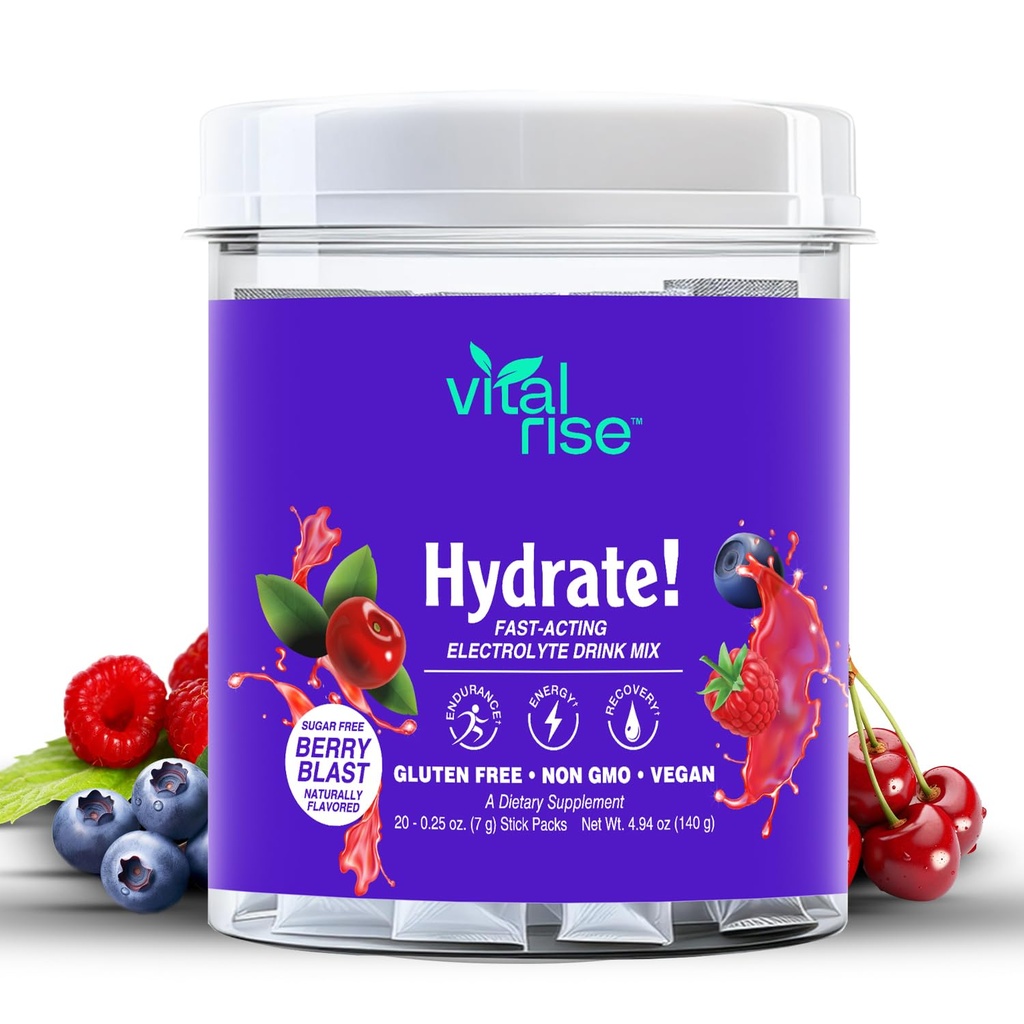 Vital Rise® Hydrate! - Berry Blast - Hydration Powder Packets ← Low Sodium Electrolyte Drink Mix ← Easy Open Single-Serving Stick ← Non-GMO ← 20 Servings (Pack of 1)