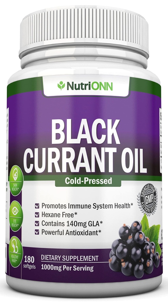 Black Currant Oil - 1000 Mg - 180 Softgels - Cold-Presed Puro Currant Seed Oil - Hexane Gratis - 140mg GLA Por Serving - Regulates Hormonal Balance - Great For Immune System, Hair and Skin
