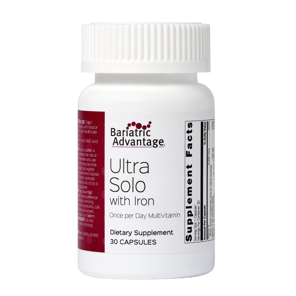 Bariatric Advantage Ultra Solo with Iron - Once-Per-Day Daily Multivitamin - for Bariatric Patients - with Thiamin, Vitamin A & More - Gluten Free - 30 Capsules