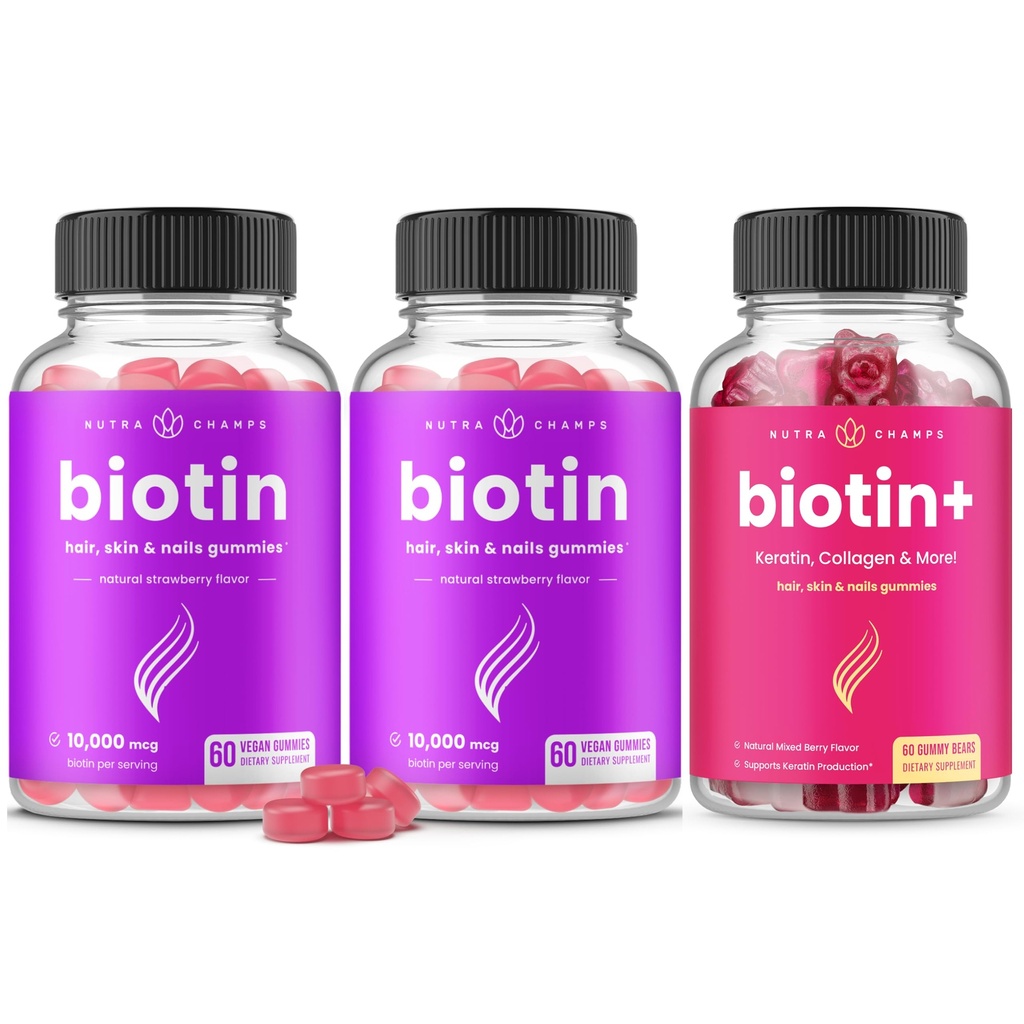 NutraChamps Complete Biotin Bundle para el cabello, piel y uñas. 2 Pack Biotin &amp; Biotin+