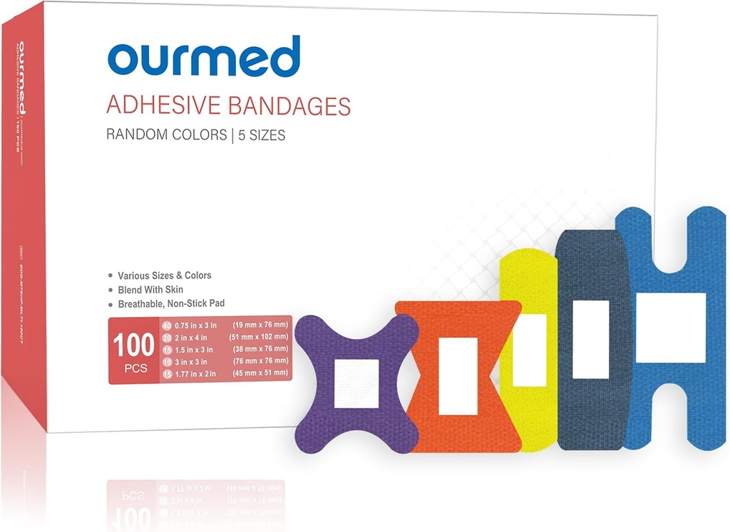Bandajes de tela flexibles con Pad no-Stick, Latex Free, Rainbow Colors Adhesive Bandage First Aid Wound Care for Cuts, Scrapes, Blisters, Assorted Sizes, 100 Count