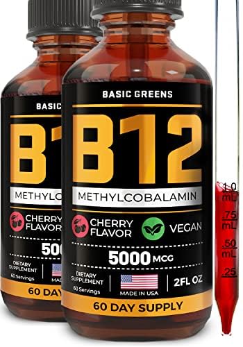 Vitamina B12 Suplementos líquidos sublinguales 5000 mcg – Metilcobalamina Vegana B-12 Suplemento de Energía & Focus – B 12 Vitamina para Hombres Mujer – Metilcobalamina de Absorción Rápida – 120 Serviciones – 4 fl oz