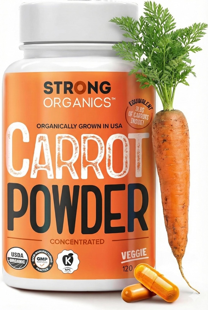 USDA Organic Carrot Powder Capsules (120), Grown in USA, Eye Support, Beta Carotene, Vitamina A, Carotenoides, Antioxidantes,106°F Max, Vegan, Kosher-2 Months Supply