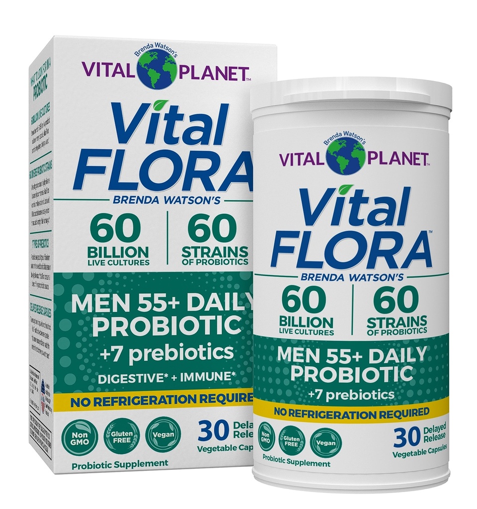 Planeta Vital - Hombres de Flora Vital Más de 55 Probióticos Diarios, 60 Billones CFU, Strains Diversos, Prebióticos Orgánicos, Apoyo Inmunitario, Estante de Salud Digestivo Probióticos Estables para Hombres, 30 cápsulas