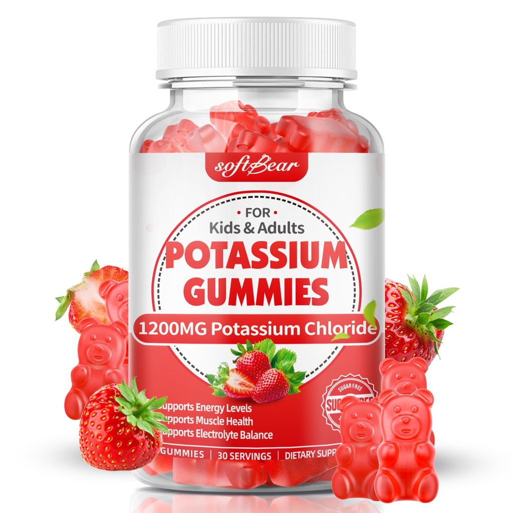 softbear Potassium Gummies for Adults, Sugar Free Potassium Chloride Gummies 1200mg Support Leg Cramps & Electrolyte Balance High Potency Potassium Supplement, Strawberry Flavor 60 Count