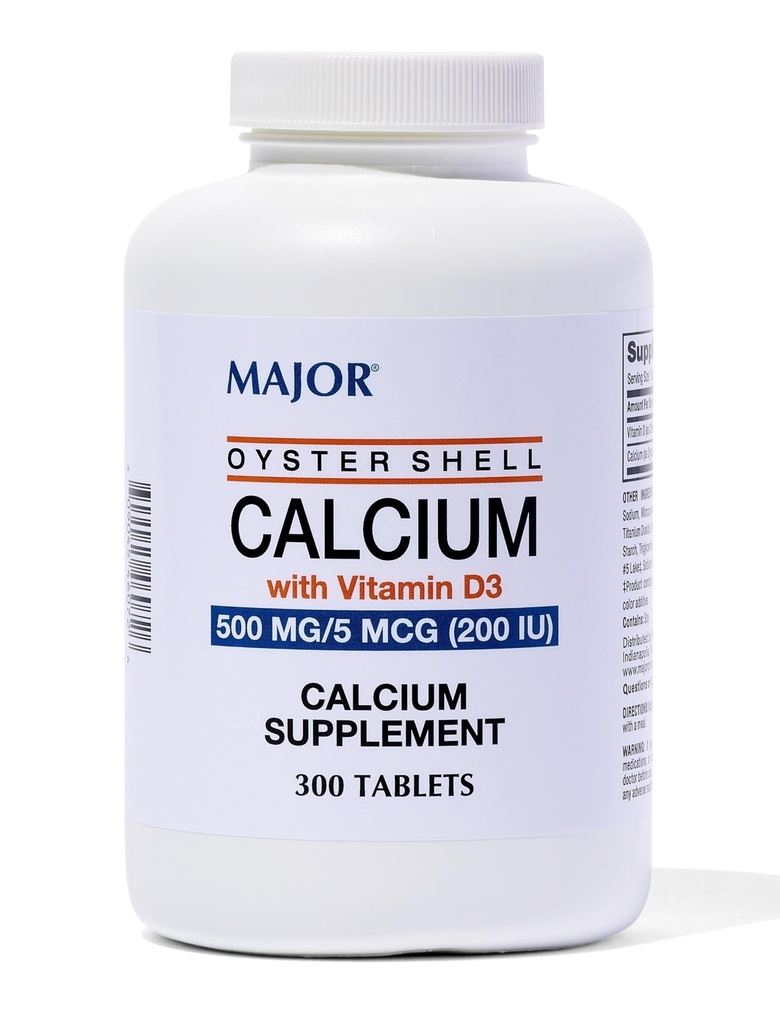 Calcio de ostra mayor con vitamina D3 500 mg / 5 mcg (200 UI) - Suplemento diario de calcio - 300 tabletas (1 paquete)