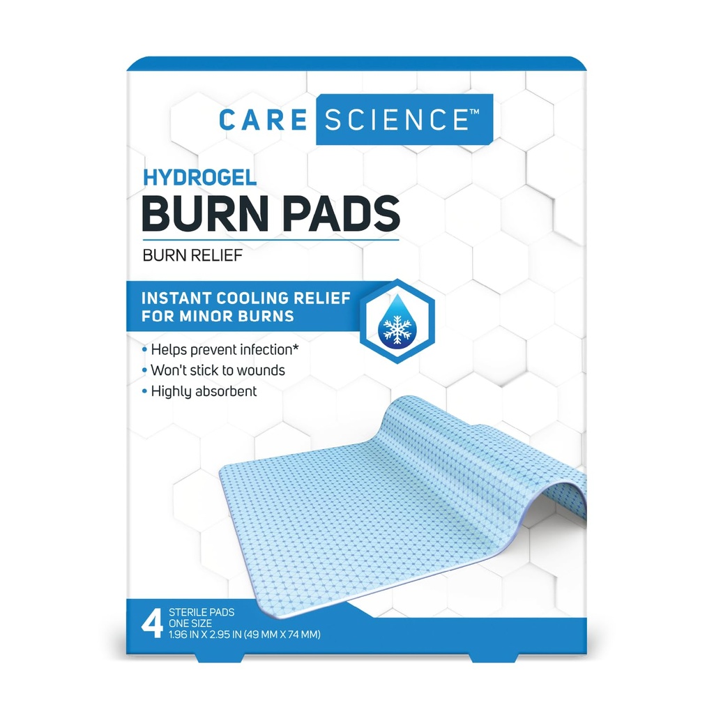 Care Science Hydrogel Sterile Burn Bandage Pads para Burn Relief, 4 ct ¦ Instant Cooling Relief for Minor Burns ' Wounds