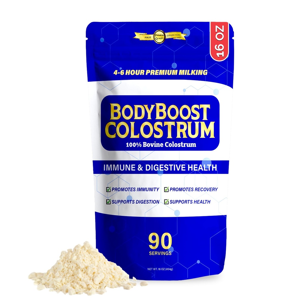 BodyBoost Premium Colostrum Whole, 100% Bovine Colostrum Powder, Immune Booster Suplemento con Inmunoglobulina &amp; Lactoferrina, Grass Fed Colostrum Powder, Gut Health, Diverse Intake,16 oz