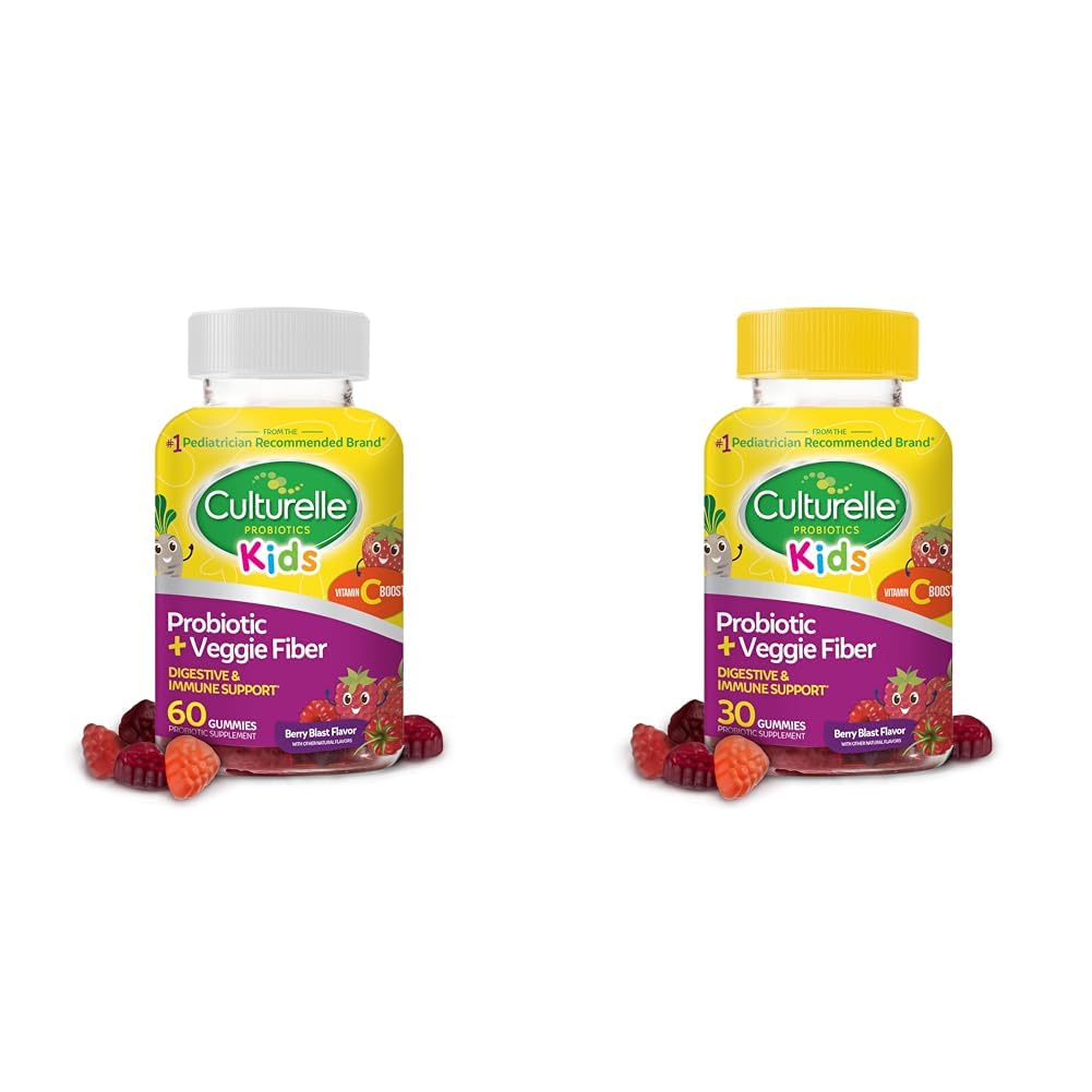 Culturelle Kids Daily Probiotic + Veggie Fiber Gummies (60 &amp; 30 Cuenta) - Berry Flavor, Digestive &amp; Immune Health Support