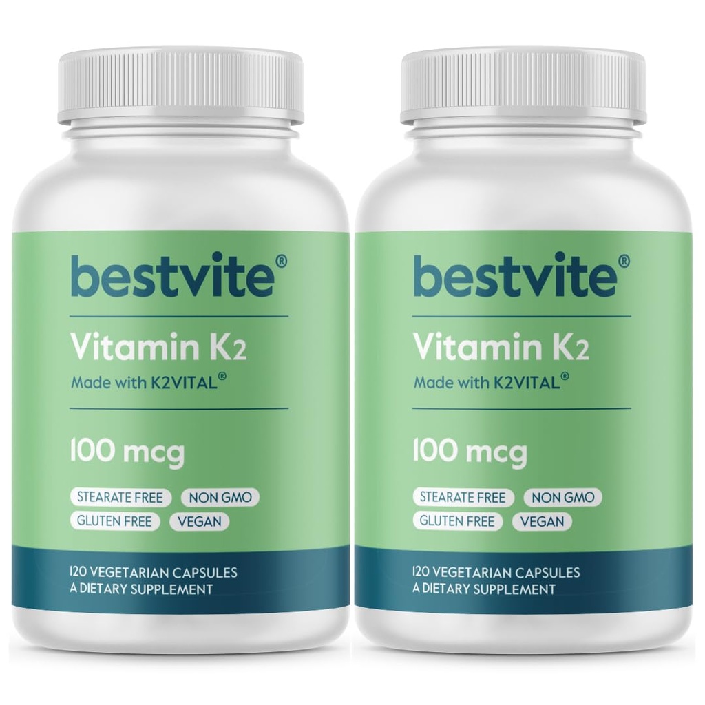 BestVITE Vitamina K2 100 mcg como MK-7 (240 cápsulas vegetarianas)(120x2) - No Stearates - Vegan - No GMO - Gluten Gratis