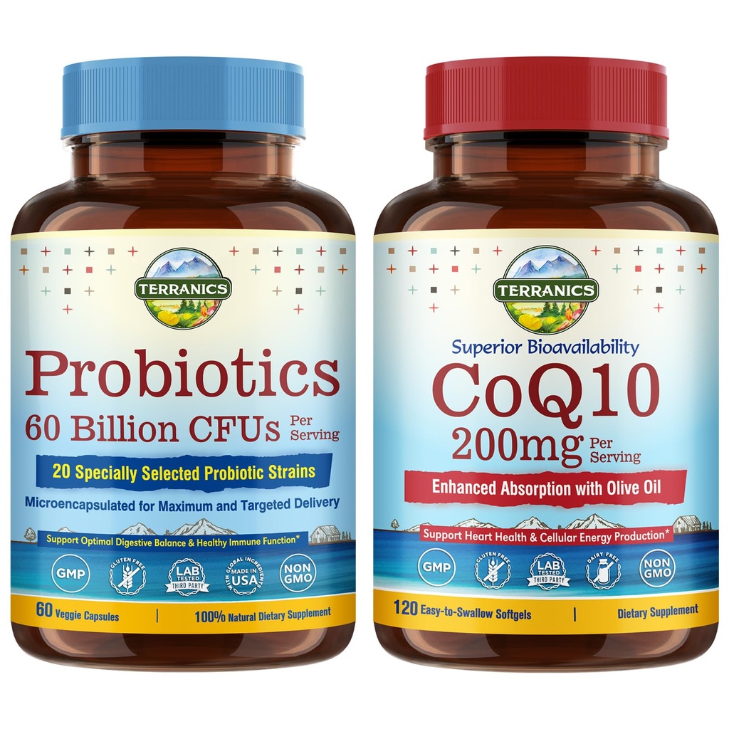 Terranics Probióticos &amp; CoQ10 Bundle, Heart & Digestion Health, 60 Billion Probiotics, Bioactive Coenzyme Q10 200mg, Extra Virgin Olive Oil, Bundle &amp; Save