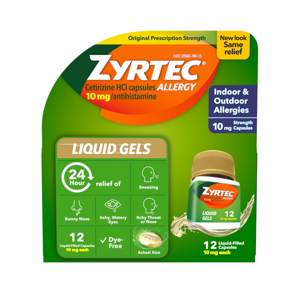 Zyrtec 24 horas Alivio de la alergia Pulmones líquidos, antihistamínicos cápsulas con Cetirizine HCl Alergía Medicina para Alivio de Todos los Días de Runny Nose, Sneezing, Itchy Eyes &amp; More, 12 Con