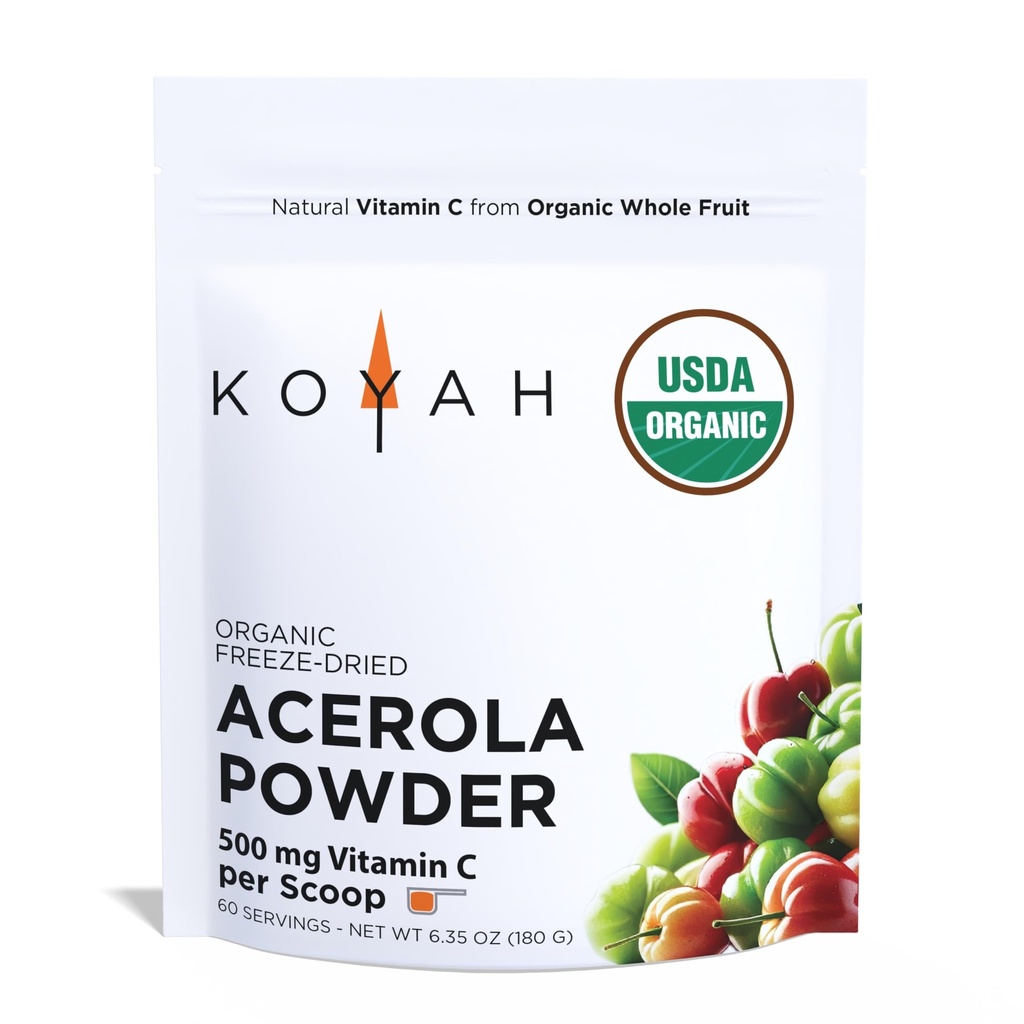 KOYAH - Pólvora de Acerola Orgánica: Congelada, 100% Pura, 500 mg Vitamina Natural C por Scoop, Whole-Food, Non-GMO, Vegan, 60 Servings, Made from acerola Cherries Grown in Brazil