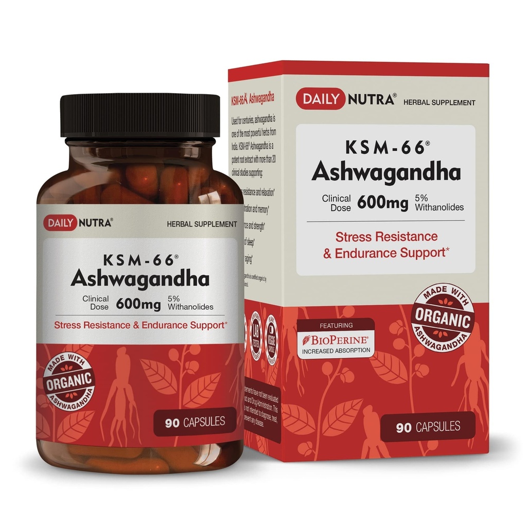DailyNutra KSM-66 Ashwagandha 600mg Extracto Orgánico de raíces - Suplemento de alta potencia con 5% de Withanolides viv Alimenta la resistencia, apoya la relajación, el enfoque, la energía, " Crecimiento muscular (90 cápsulas)