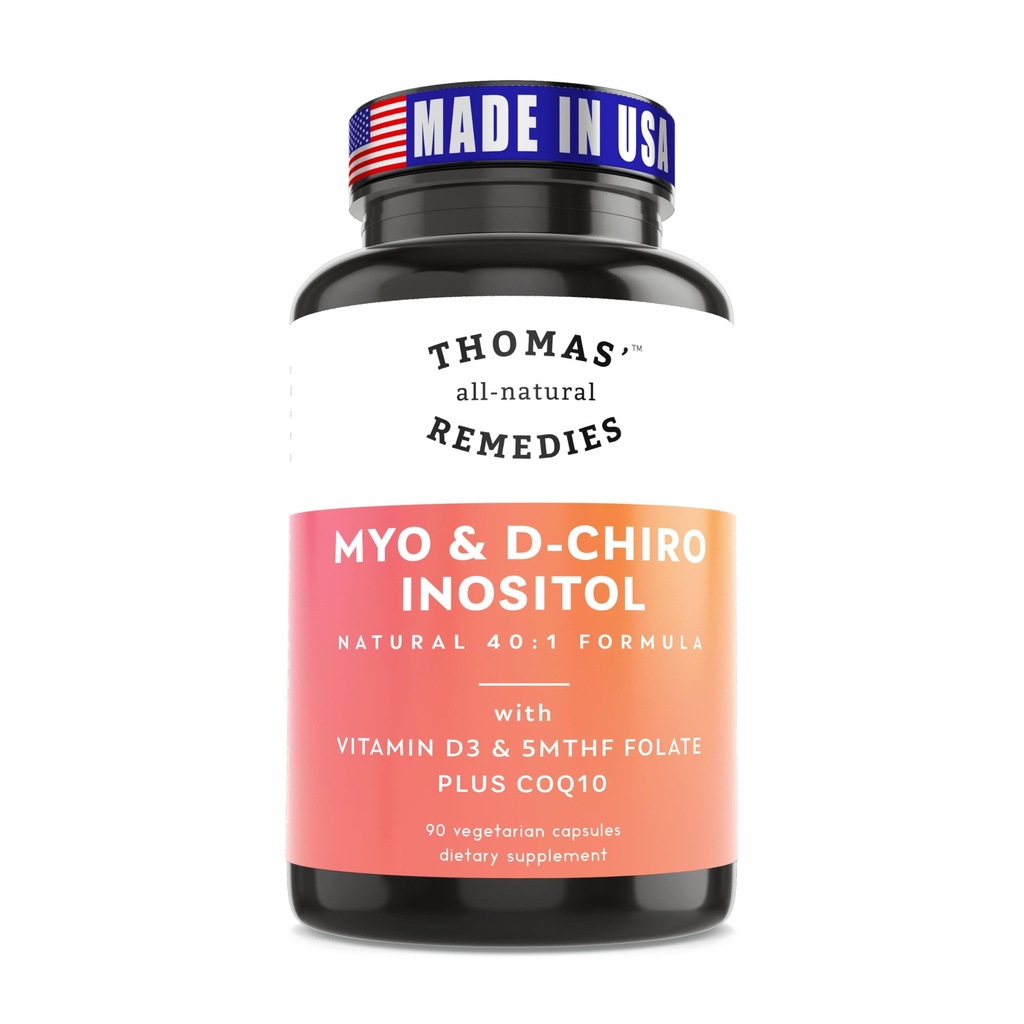 Remedios totalmente naturales de Thomas Myo Inositol Suplemento " D-Chiro Inositol Blend Suplemento con Folato y Vitamina D3, 40 a 1 Ratio, No GMO, No Fillers, CoQ10, 90 cápsulas Vegan
