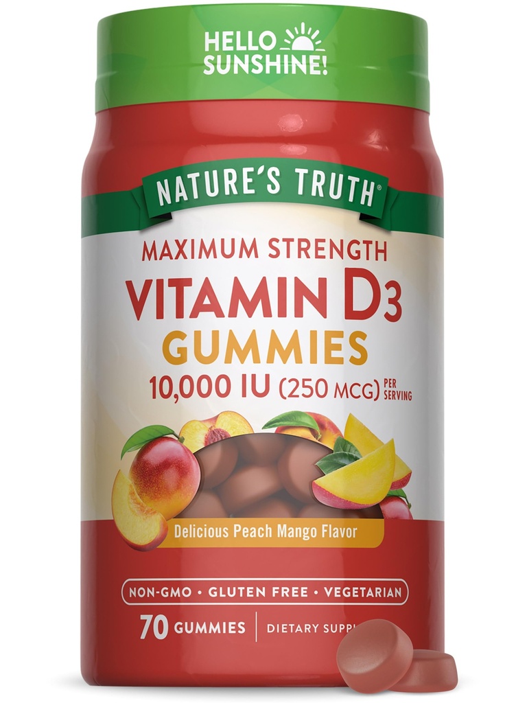 Verdad de la naturaleza Vitamina D3 Gummies ← 10000 UI ← 70 Conde ← Peach Mango Flavor ← Vegetariano, No Gluten Suplemento Libre