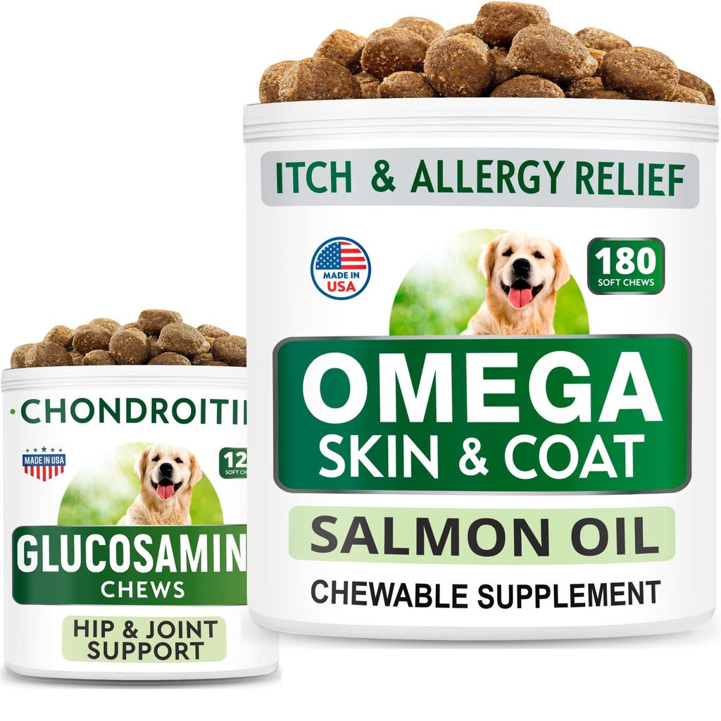 BARK plagas de perros Glucosamina + Omega 3 para perros Bundle - Hip Support and Joint Pain Relief Suplemento + Píldoras de aceite de pescado para ropa de cama, alergia a la piel, alivio de Itch, piel y suplemento de la carne