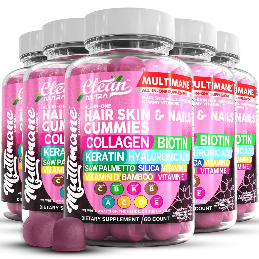 Multimane Collagen Gummies with Biotin Keratin Hyaluronic Acid Bamboo Vitamina A C Vitamina D Vitamina E Folate Saw Palmetto Silica B3 Vitaminas Skin y uñas Gummies por Clean Nutra