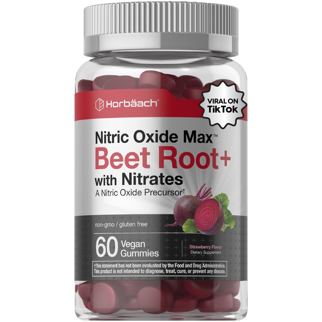 Horbäach Nitric Oxide Beet Root Gummies ← 60 Conteo Silencio con Nitrates Silencio Strawberry Flavor ← Vegan, No GMO, Gluten Free Supplement