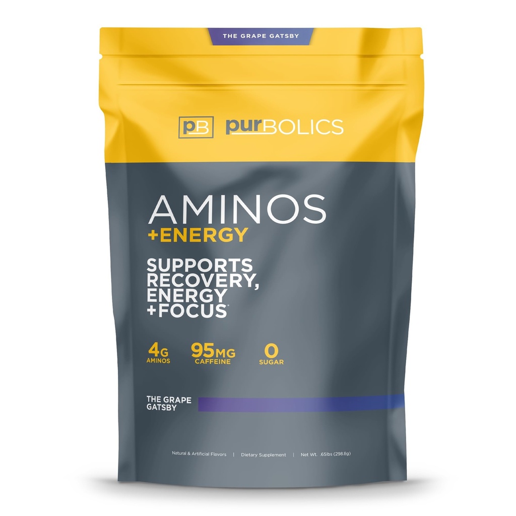 Purbolics Aminos + Energy ¦ apoya la recuperación, la energía y el foco  durable 95mg de Caffeine, 0 Azúcar & 60 Servimientos (The Grape Gatsby)