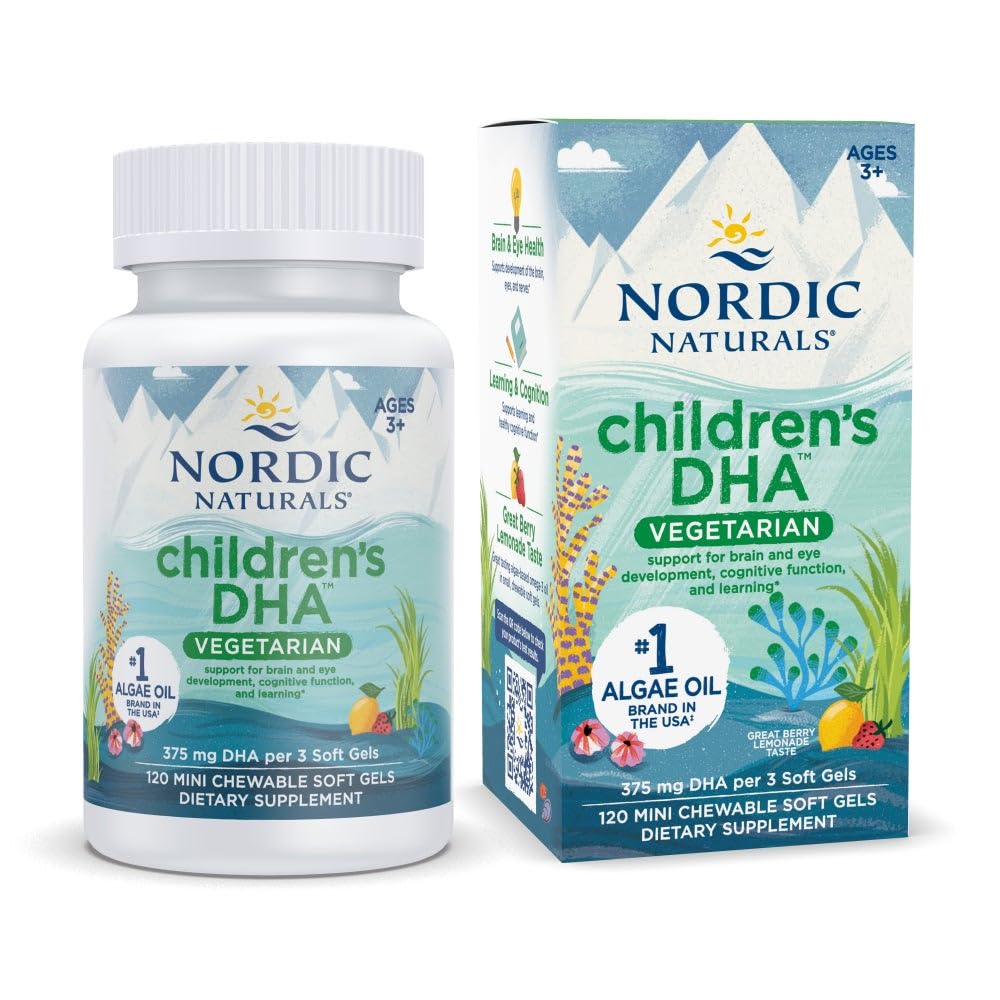 Nordic Naturals Niños DHA Vegetarian - Niños DHA Omega-3 Suplemento -Aceite de algas - Limonada de Berry Mini Chewables - Fórmula de base vegetal para edades 3+ - 120 Gels blandos - 40 Servimientos