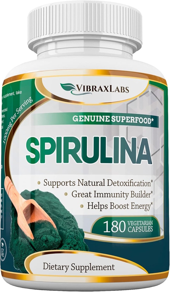 vibraxlabs Spirulina Capsules – 100% Pure 1000mg Serving (500mg Veggie Capsules) Powder Supplement, Supports Natural Detoxification, Benefits Health on a Cellular Level, Best with Chlorella