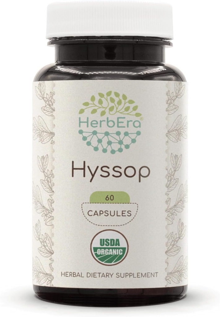 HerbEra Hyssop USDA Organic 60 Capsules tención Natural Herbal Suplemento Silencio Certified Organic Vegetarian Capsules and Organic Hyssop (Hyssopus officinalis) Dried Herb (60 cápsulas)