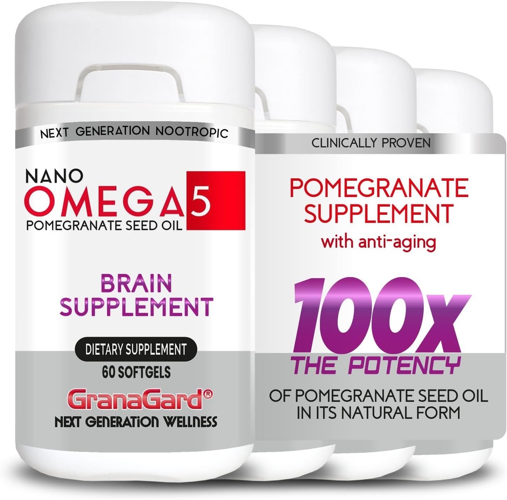 CLINICALLY Provenido (4-Month Supply) Suplementos cerebrales con Anti envejecimiento, pilas de memoria, Omega 5 Suplemento de granada, 4 botellas 60ct cada uno