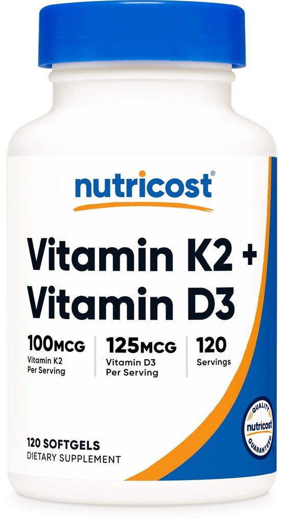 Nutricost Vitamina D3 + K2 (5000 UI D3 / 100mcg MK7), 120 Softgels – Sin gluten