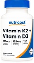 Nutricost Vitamina D3 + K2 (5000 UI D3 / 100mcg MK7), 120 Softgels – Sin gluten