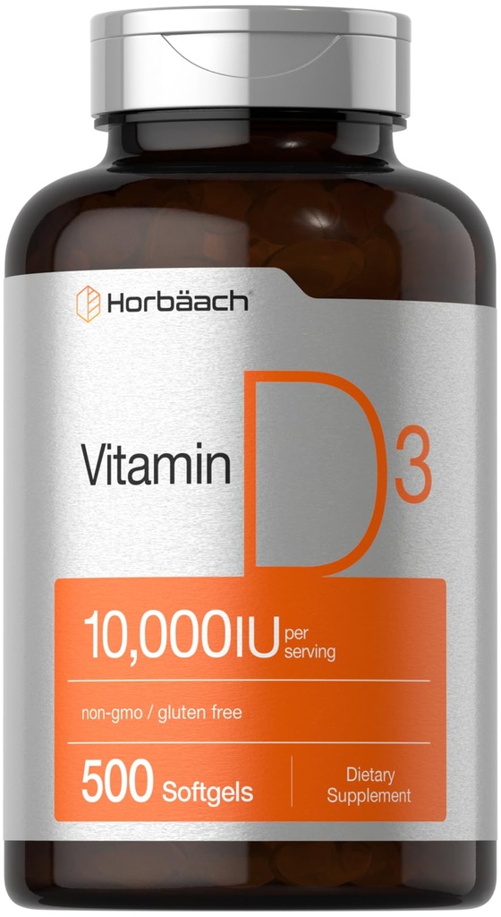 Horbäach Vitamina D3 10000 UI TEN 500 Softgels TENIDO NO GMO, Gluten Suplemento gratuito TENIDO Valor Tamaño ANTE 250mcg ANTE Fórmula de alta potencia