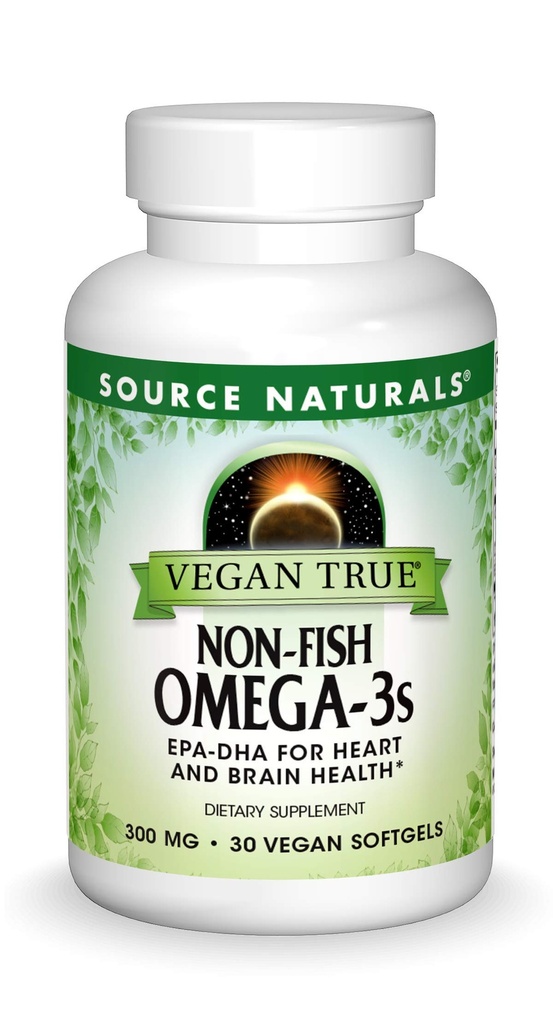 Fuente Naturales Vegan True, Omega-3 no fish, EPA-DHA apoya la salud cardíaca y cerebral*, 300 mg - 30 veganos Softgels