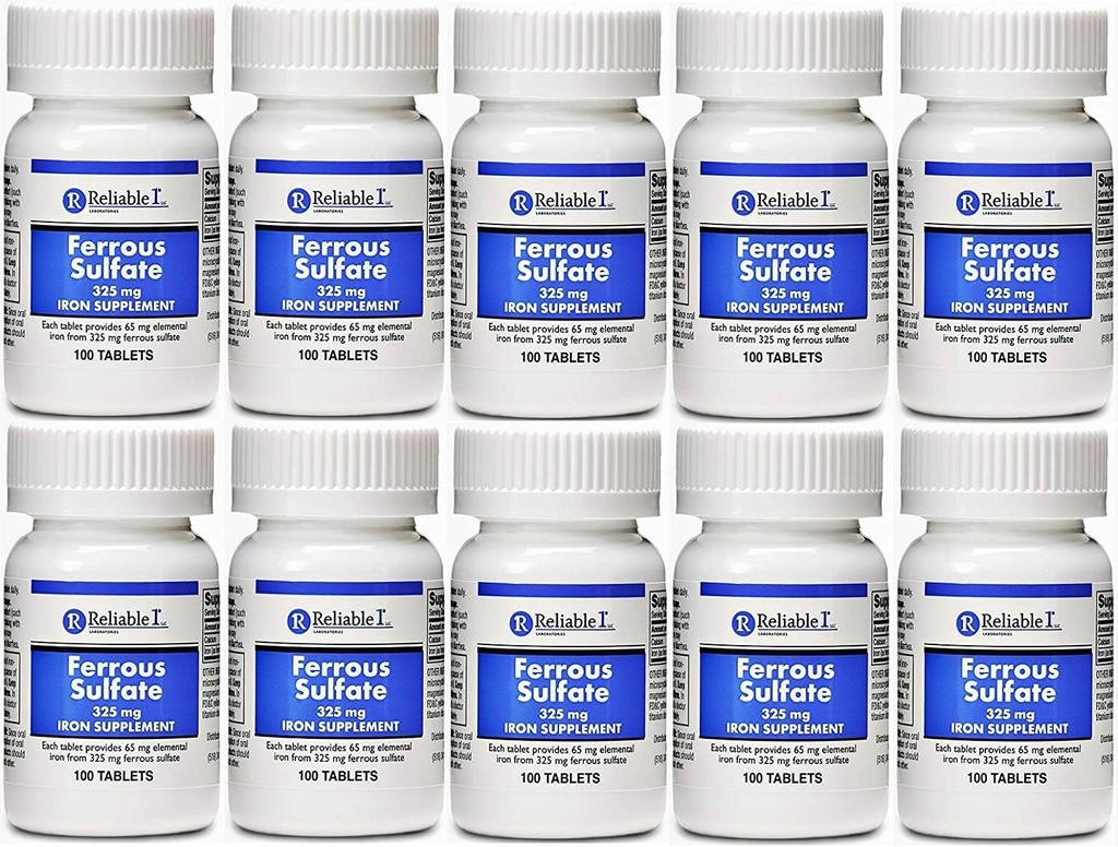 Ferrous Sulfate Iron 325 mg Genérico para Feosol 100 Tablets PACK de 10