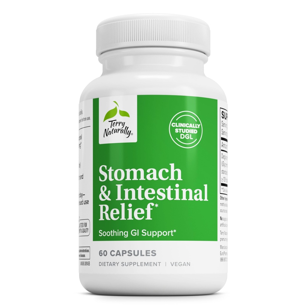 Terry Naturalmente Stomach " Alivio intestinal - Suplemento de Ayuda Digestivo Salud " Intestinal Lining - Ayudas contra el estrés ocasional Digestivo a Soothe Stomach - 60 cápsulas