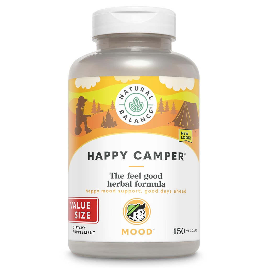 Natural Balance Happy Camper - Feel-Good Mood Support Supplement - Gotu Kola, Passion Flower, and Kava Kava Capsules - Garantía de 60 días - 75 Serviciones, 150 VegCaps